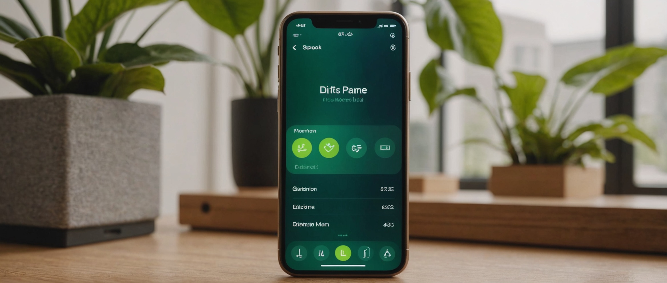 Смартфон на столе, с экраном, показывающим зеленый интерфейс приложения, рядом комнатные растения.