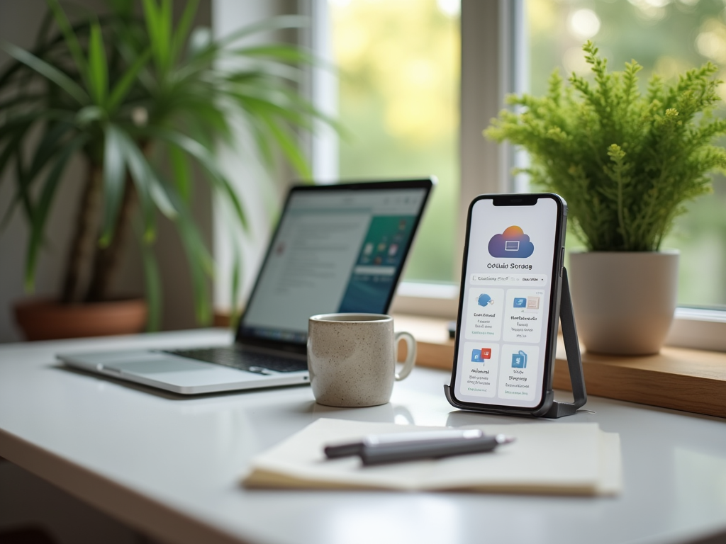 Домашний офис с ноутбуком, смартфоном с экраном облачных сервисов, чашкой кофе и зелеными растениями.
