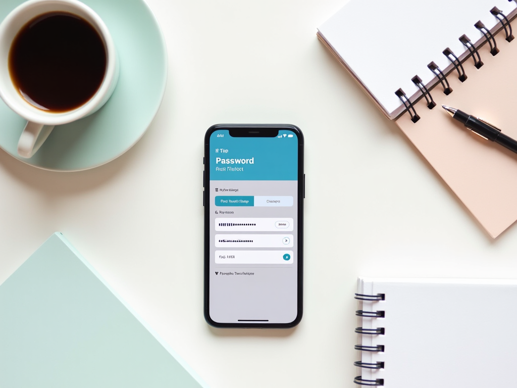 Смартфон на столе с открытым приложением для управления паролями, рядом чашка кофе и блокнот.