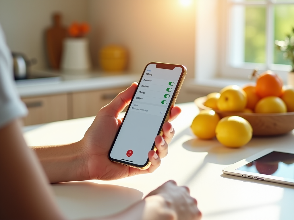 Смартфон в руках человека, на экране отображены настройки здоровья. На заднем фоне фрукты и светлое окно.