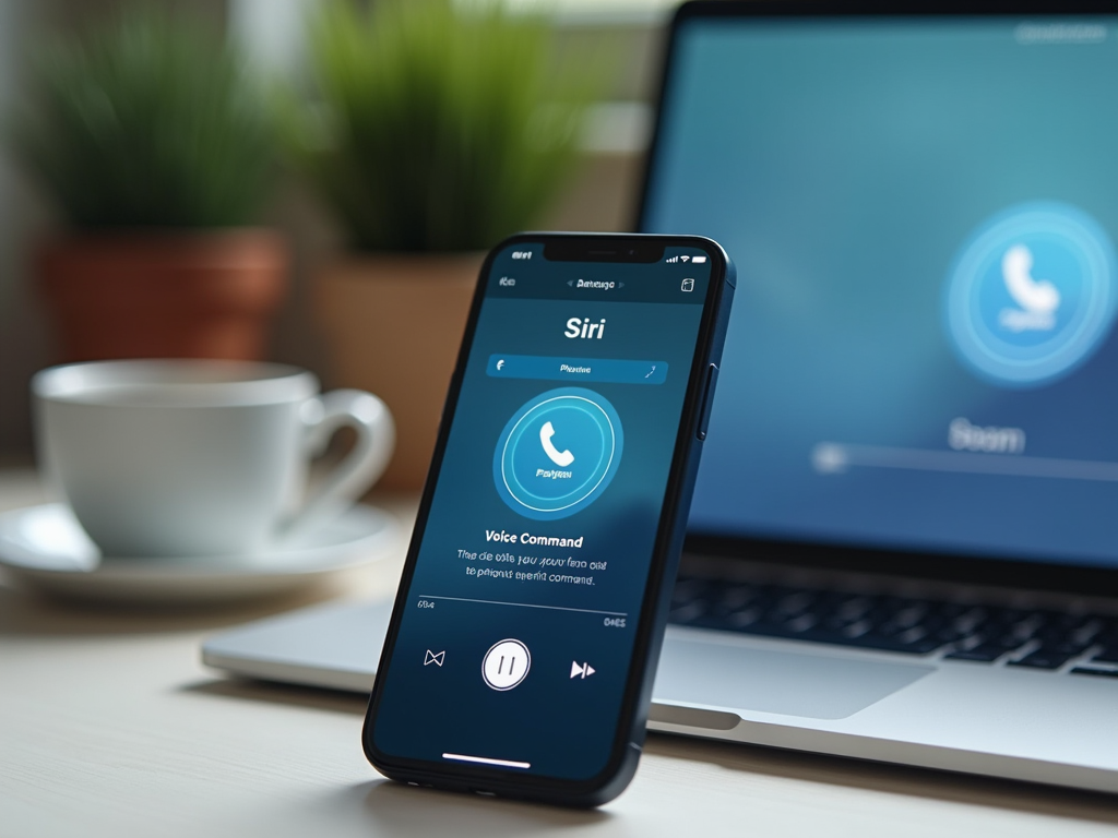 Смартфон с активированным голосовым помощником Siri на столе рядом с ноутбуком и чашкой кофе.