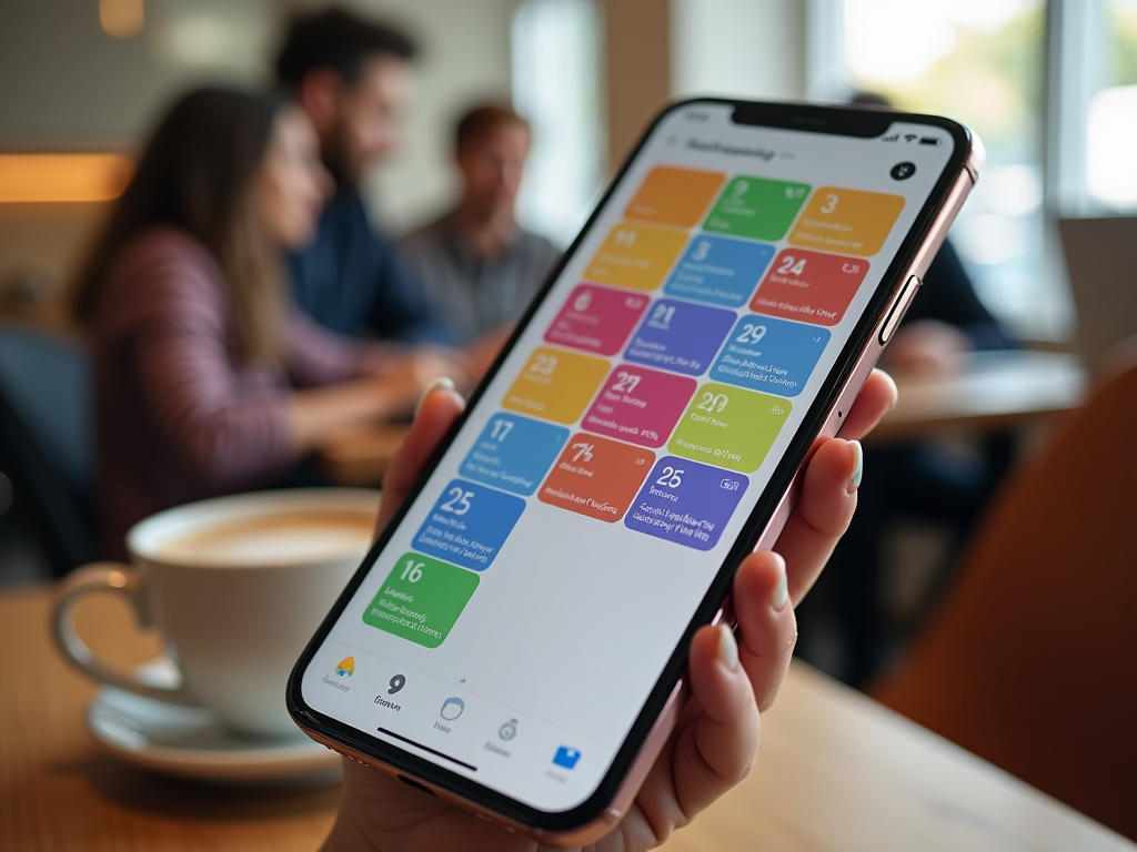 Человек держит смартфон с цветным календарным приложением, в фокусе экран, на фоне размыте лица людей.