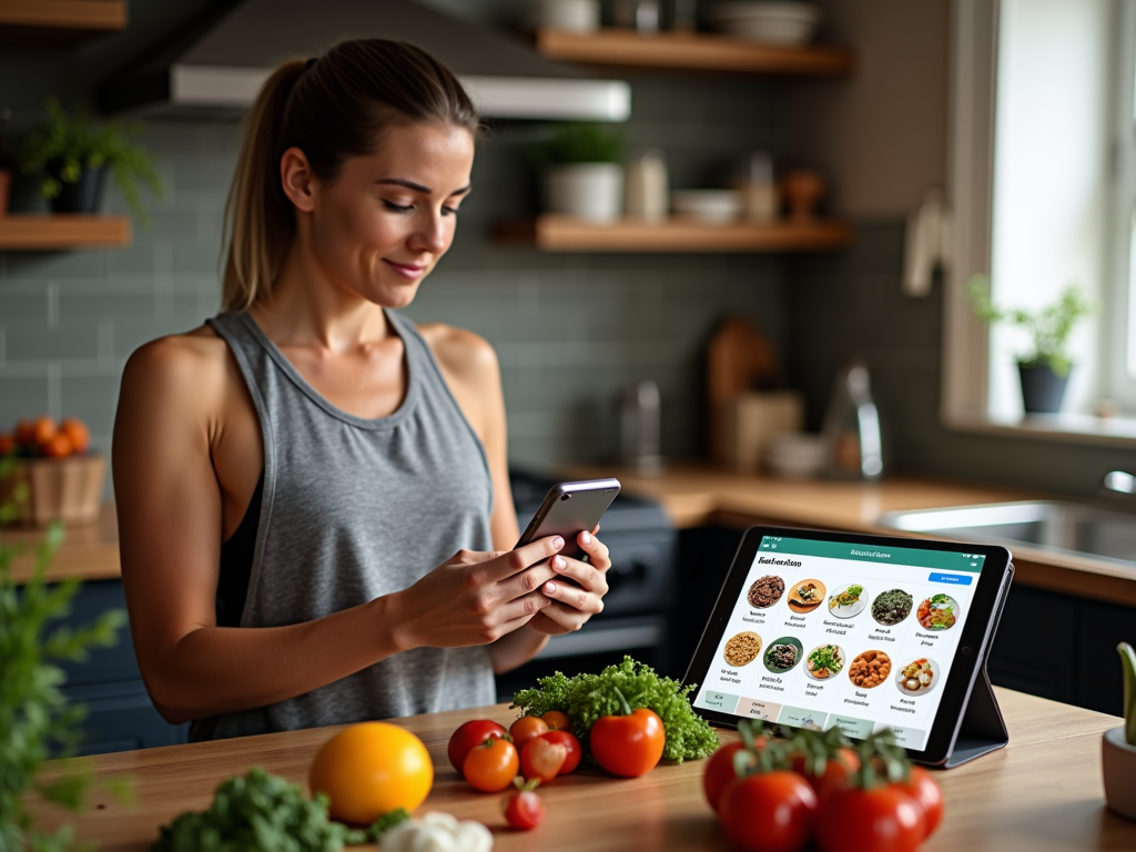 Женщина использует смартфон на кухне с планшетом, показывающим рецепты, рядом овощи.