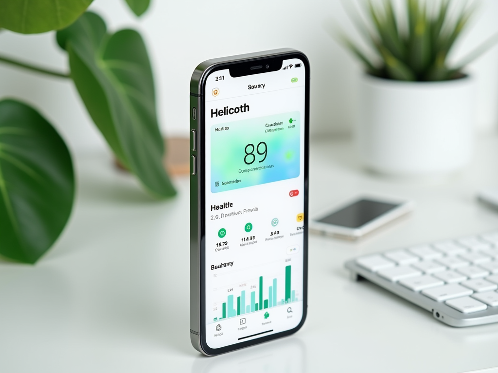 Смартфон на стенде показывает здоровье на экране, стол с растением и клавиатурой.