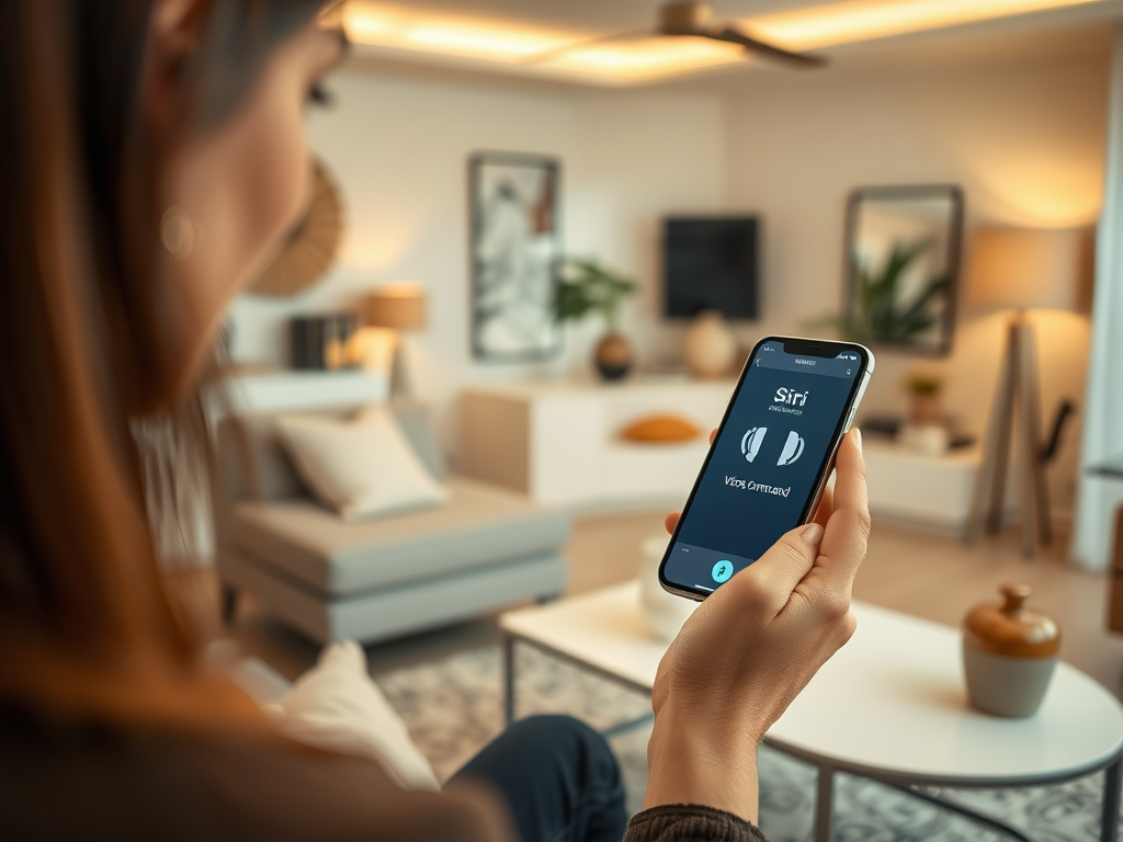 На изображении женщина с телефоном, активирующим Siri в современном интерьере уютной комнаты.