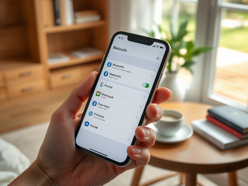 На изображении показан смартфон с открытым меню Bluetooth и доступными устройствами.